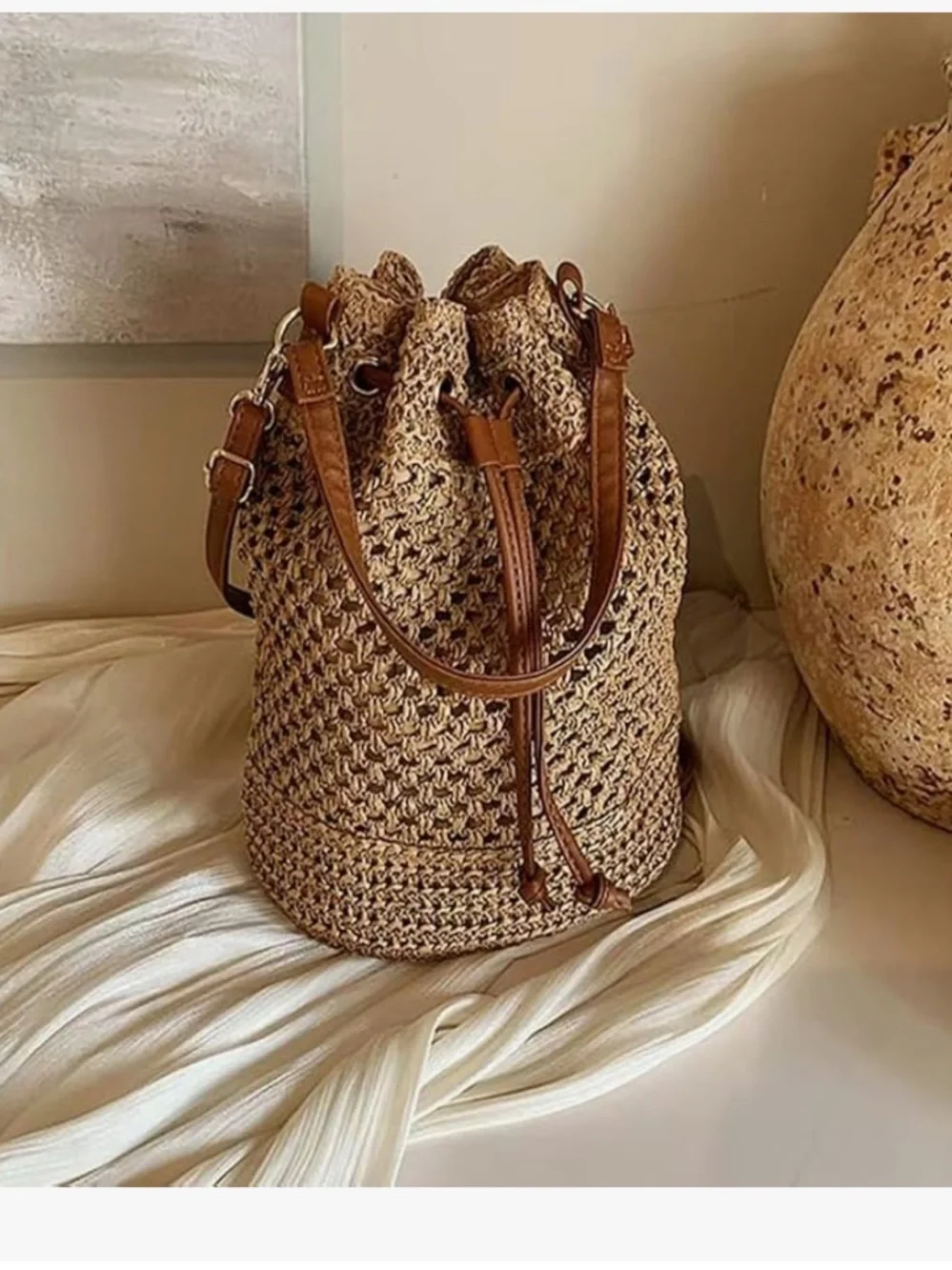 Woven Crossbody Bag, Straw Crossbody Bags for Women, Straw Bucket Bag, - Picture 6 of 6